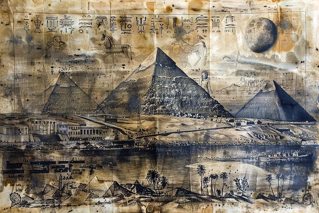 Ancient Egyptian scene Detailed engraving of mystical pyramids