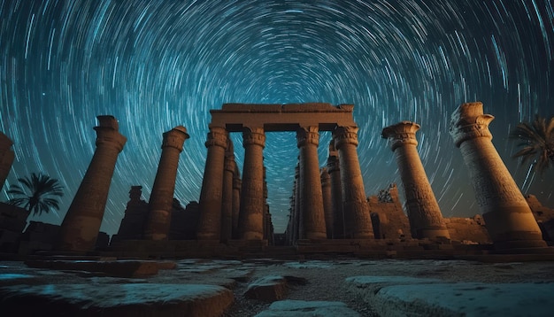 Photo ancient egyptian temple columns under a starry night sky