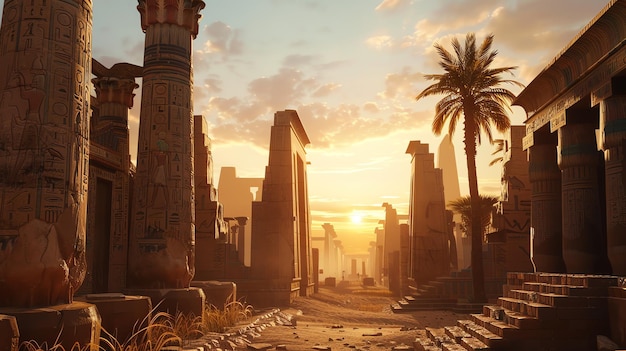 Ancient Egyptian temple ruins at sunset with palm trees