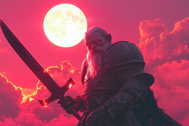 Photo ancient elf warrior under crimson moon