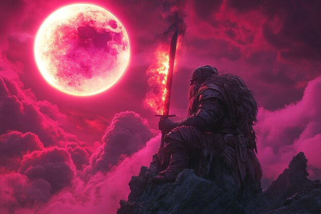 Photo ancient elf warrior under crimson moon