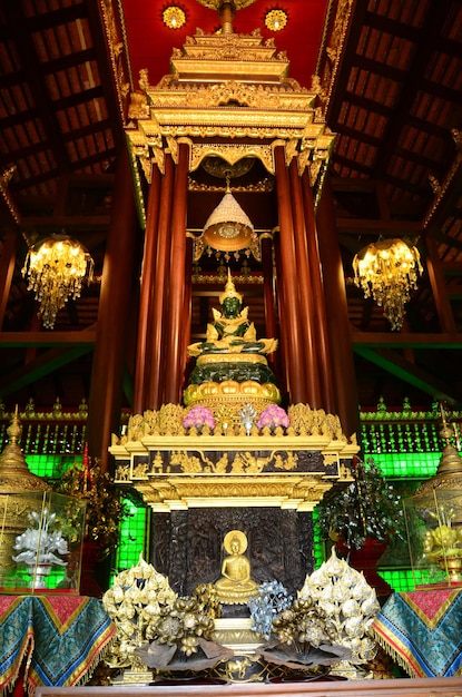 Ancient Emerald Buddha statue or Phra Kaeo Morakot for thai people travelers travel visit respect praying blessing wish holy mystery of Wat Phra Kaew or Pa Ya or Pa Yea temple in Chiang Rai Thailand