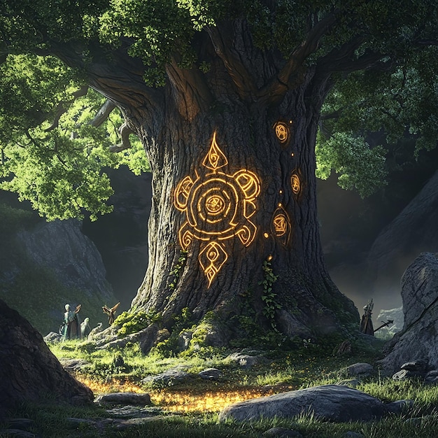 Photo ancient enchanted tree with glowing magical runes