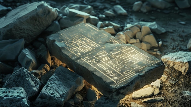 Photo an ancient engraved stone tablet with hieroglyphics lying amidst rubble and illuminated by a soft light