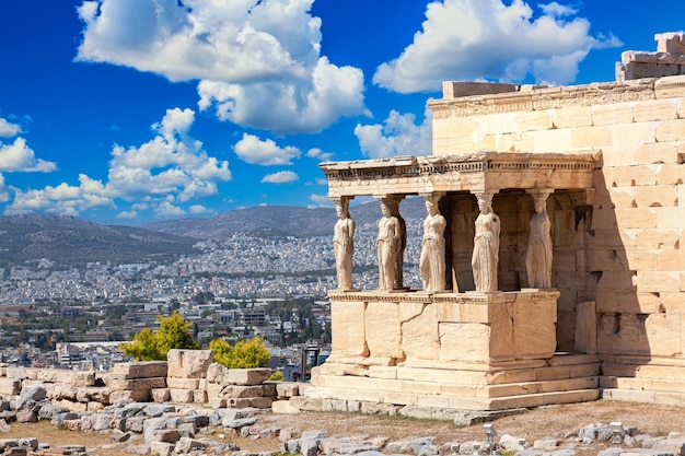 Ancient Erechtheion or Erechtheum temple with Caryatid Porch on the Acropolis Athens Greece World famous landmark at the Acropolis Hill