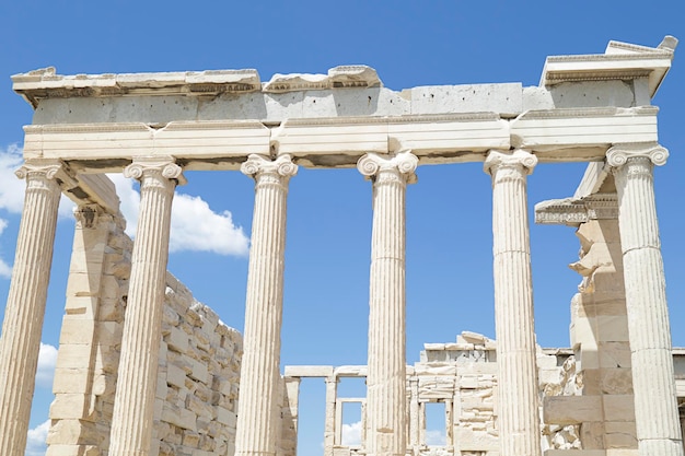 Ancient Erechtheion temple on Acropolis hill in Athens Greece