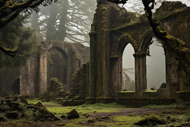 Photo ancient forest ruins surrounded by towering blackened trees