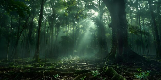 Ancient forest shrouded in mystery with towering trees and ancient roots Concept Nature Photography Mystical Landscapes Enchanted Woodlands Ancient Trees Natural Wonders