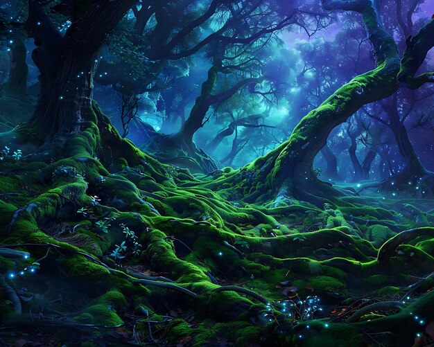 An ancient forest in twilight where emerald moss blankets gnarled roots beneath a canopy of midnight blues and deep purples