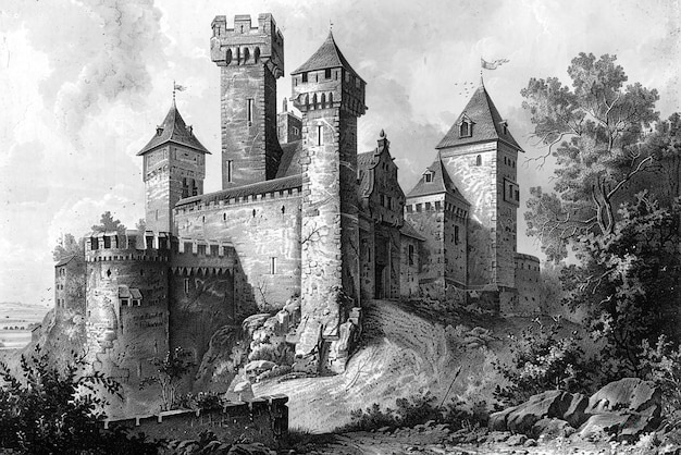 Photo ancient fortress depicted in detailed historical engraving with battlements