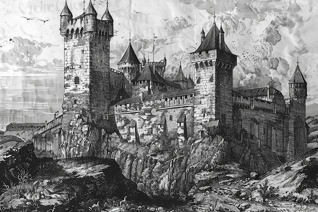 Ancient fortress depicted in detailed historical engraving with battlements