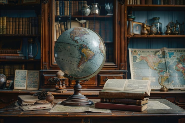 Photo ancient globe map and book in cabinet science and history