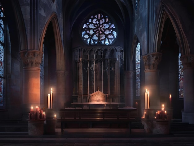 Ancient Gothic chapel illuminated by candlelight symbolizing spirituality and history