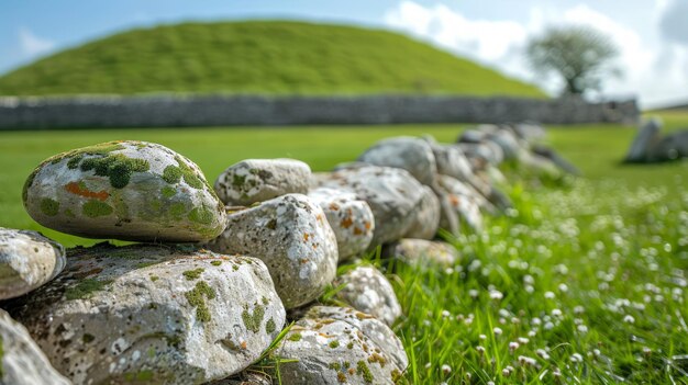 Photo ancient grass covered mound with stone wall exploring historical sites tranquil landscape and