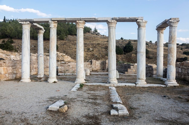 The ancient Greek city Hierapolis Holy City is a tourist attraction near Pamukkale in Denizli Province in southwestern Turkey