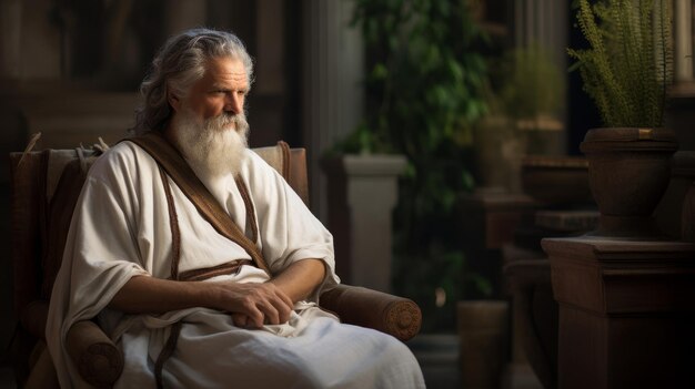 Ancient Greek doctor in healing sanctuary toga infused with healing symbols