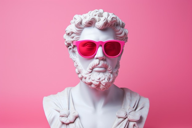 Ancient greek sculpture wearing pink sunglasses Bust sculpture in glasses Minimal composition modern art party vacation and romantic concept