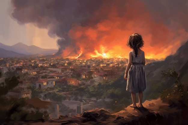 Ancient greek volcano eruption child girl Generate Ai