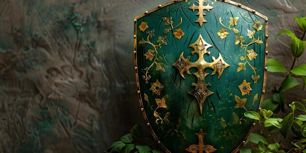 Photo ancient green knights shield adorned with gold ornaments traditional medieval design concept medieval armor green knights shield design gold ornaments ancient warriors