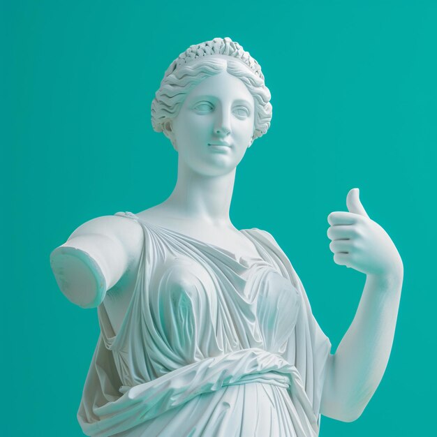 Ancient Gypsum Statue Giving Thumbs Up Against Turquoise Background Generative AI