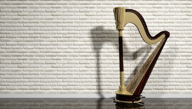 Ancient harp on a background of beige interior, 3d illustration