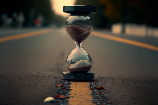 Ancient hourglasses stand on the road a timeless reminder of the passage of time and the journey of life Generative AI