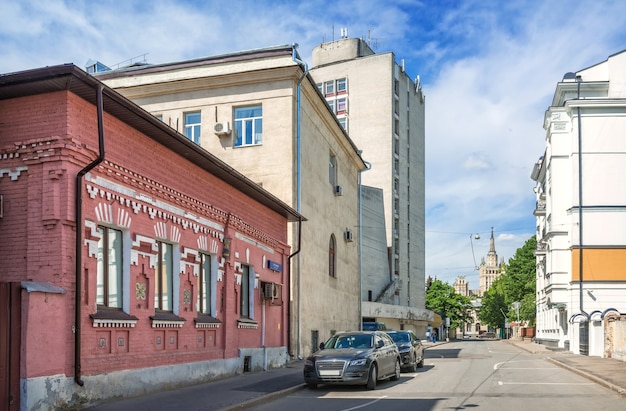 Ancient houses in Khlebny lane in Moscow on a summer sunny day