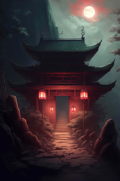 Ancient japanese shrine on the mountain red gates dusk lanterns along the path Generative AI