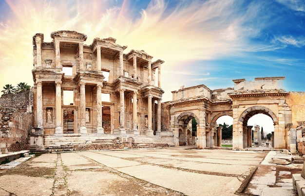 Ancient library of Celsus in Ephesus under a dramatic sky. Turkey. UNESCO cultural heritage