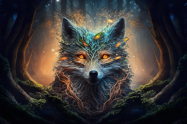 Ancient magical molten fox spirit in a mystical arcane forest generative ai