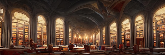 The ancient majestic hall of the library. Beautiful ceremonial hall with columns and arched ceilings