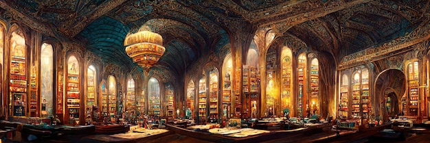 The ancient majestic hall of the library. Beautiful ceremonial hall with columns and arched ceilings