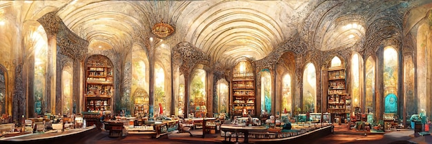 The ancient majestic hall of the library. Beautiful ceremonial hall with columns and arched ceilings