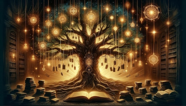 An ancient majestic tree laden with glowing mystical ornaments stands in a library radiating warm