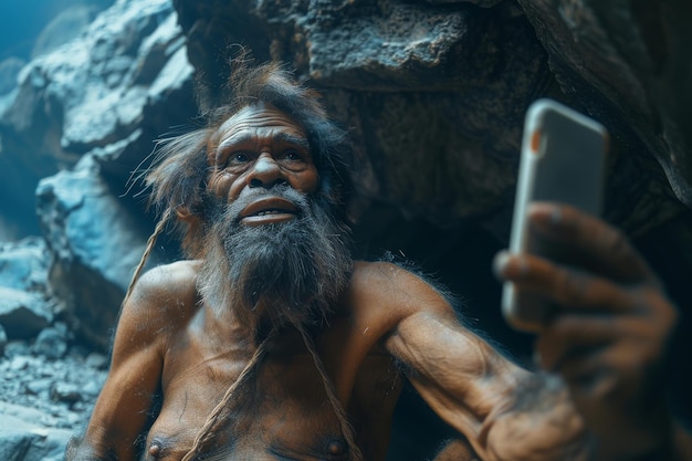 Photo ancient man takes a selfie modern technology in cavemen hands wild man with smartphone