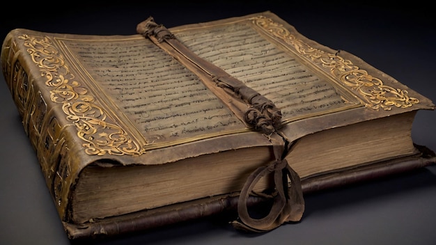 Ancient manuscript book with intricate bindings