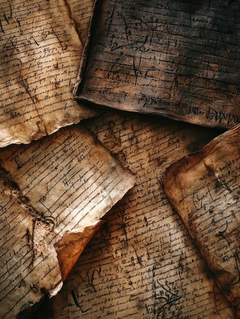 Ancient manuscripts written on weathered parchment paper