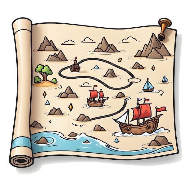 Ancient Map With Pirate Ship And Treasure Island Vector Cartoon Illustration