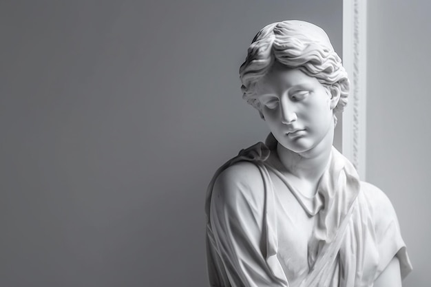 Ancient marble statue of a young woman near empty wall Greek sculpture with copy space for text Antique female sculpture bust plaster sculpture AI generated image