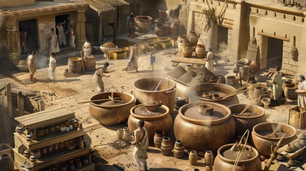 Ancient marketplace showcasing pottery people engaging in trade and daily activities representing hi