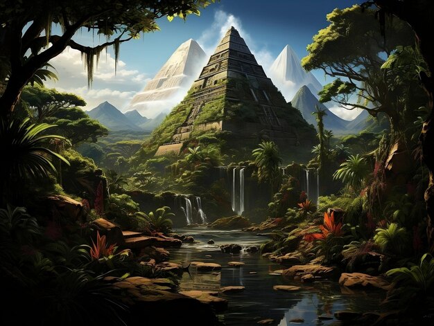 An ancient Mayan pyramid rising from the lush and dense rainforest