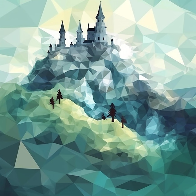 Ancient medieval castle on high mountain polygonal graphics good background unusual illustration