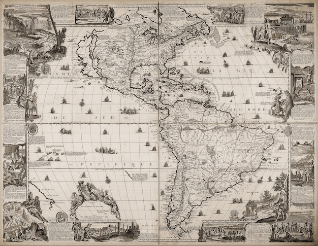 An ancient medieval map of Americas by Nicolas de Fer 1698 Sepia