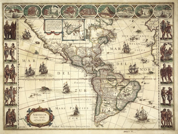 An ancient medieval map of North and South Americas by Willem Blaeu 1617