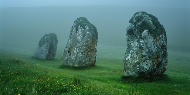 ancient megalithic stones on a foggy morning in a meadow