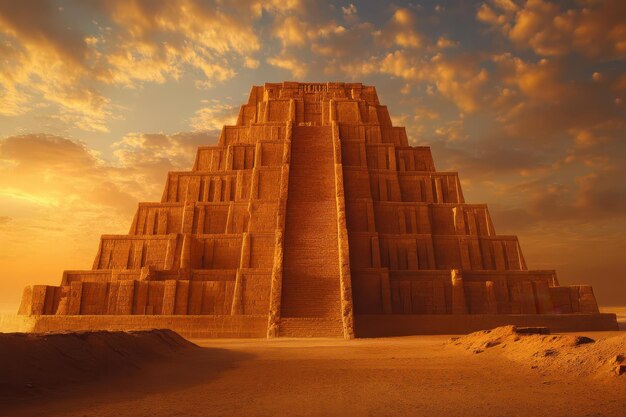 Photo ancient mesopotamian ziggurat in the desert iraq in a dramatic wideangle shot with warm golden light illuminating the ancient stepped structure against a stark desert landscape