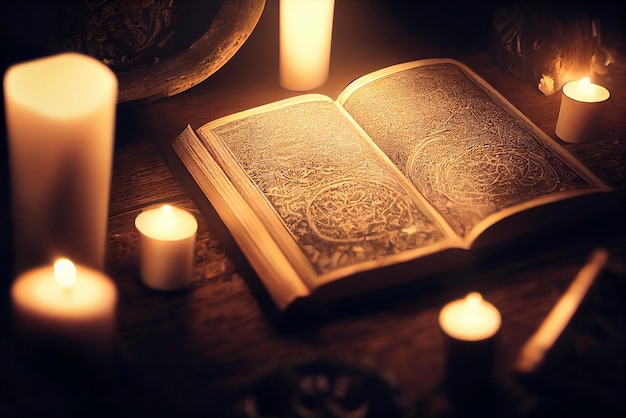 Ancient mysterious book among candles