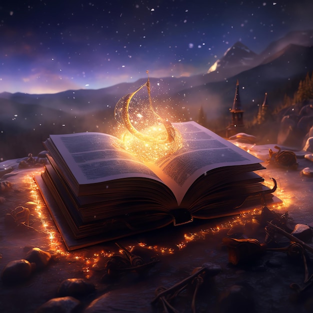 An Ancient Mystery Book of Cosmic Knowledge a book open with space and magic inside