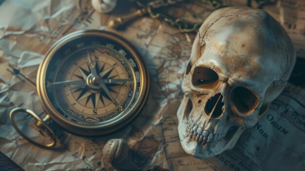 An ancient nautical theme with a weathered skull antique compass and old map invoking a sense of mystery and historical exploration