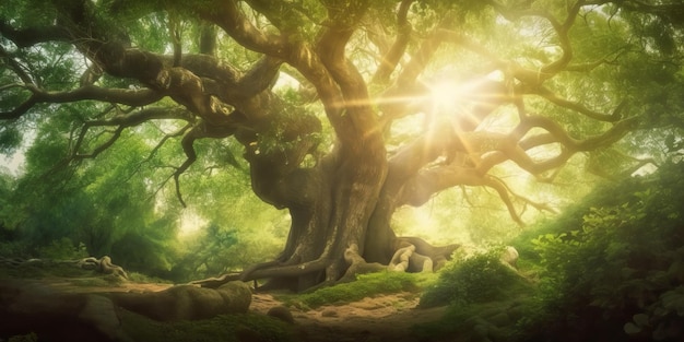 Ancient oak tree in summer forest Generative AI illustration